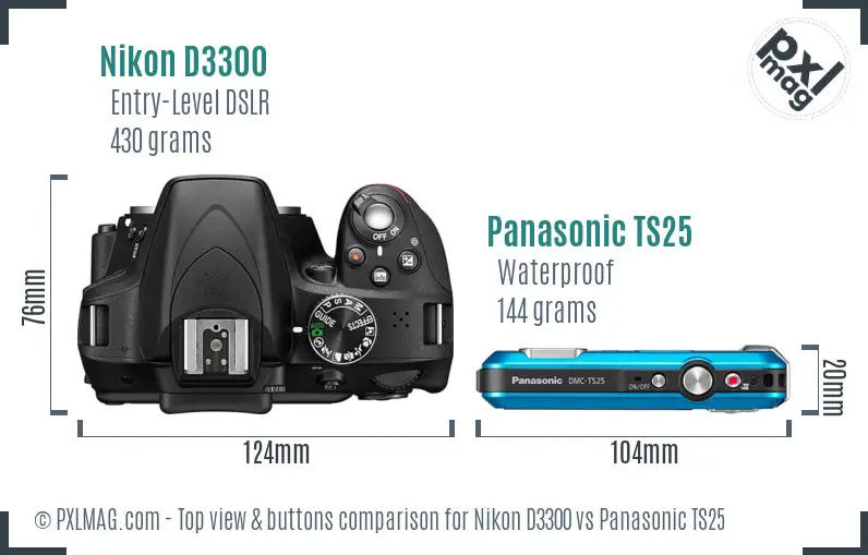 Nikon D3300 vs Panasonic TS25 top view buttons comparison