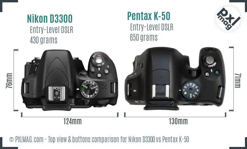 Nikon D3300 vs Pentax K-50 top view buttons comparison