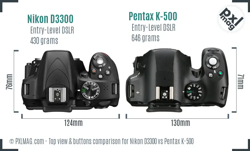 Nikon D3300 vs Pentax K-500 top view buttons comparison