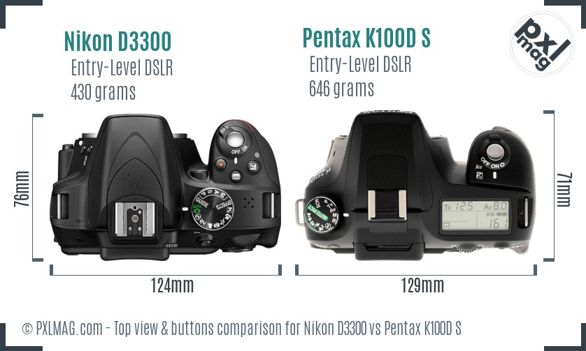 Nikon D3300 vs Pentax K100D S top view buttons comparison