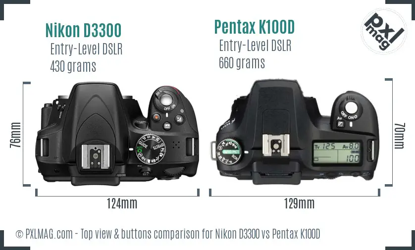 Nikon D3300 vs Pentax K100D top view buttons comparison