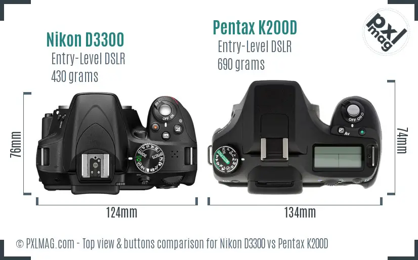 Nikon D3300 vs Pentax K200D top view buttons comparison