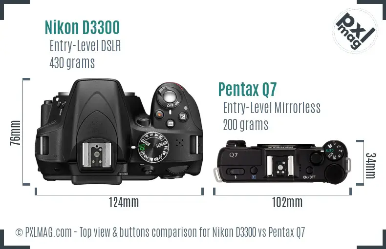 Nikon D3300 vs Pentax Q7 top view buttons comparison