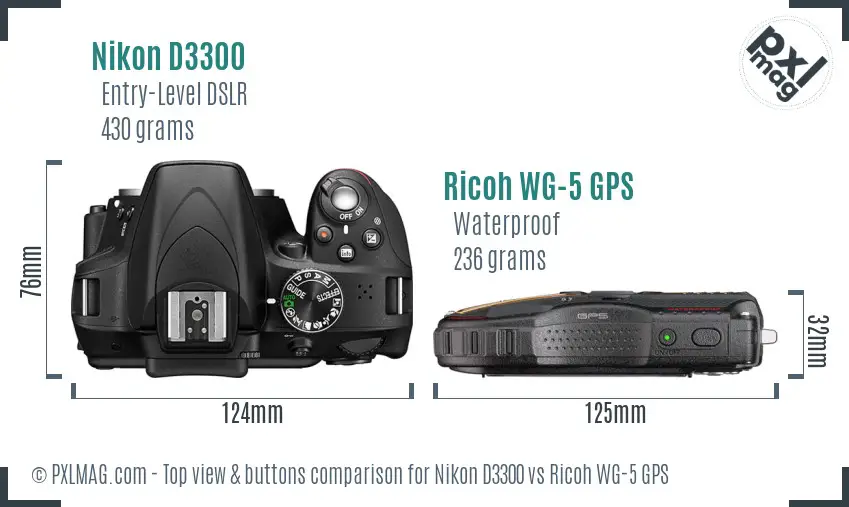 Nikon D3300 vs Ricoh WG-5 GPS top view buttons comparison