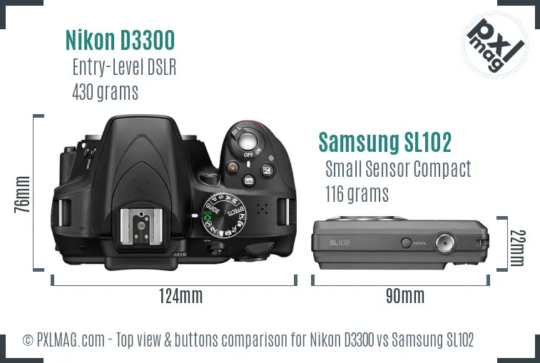 Nikon D3300 vs Samsung SL102 top view buttons comparison