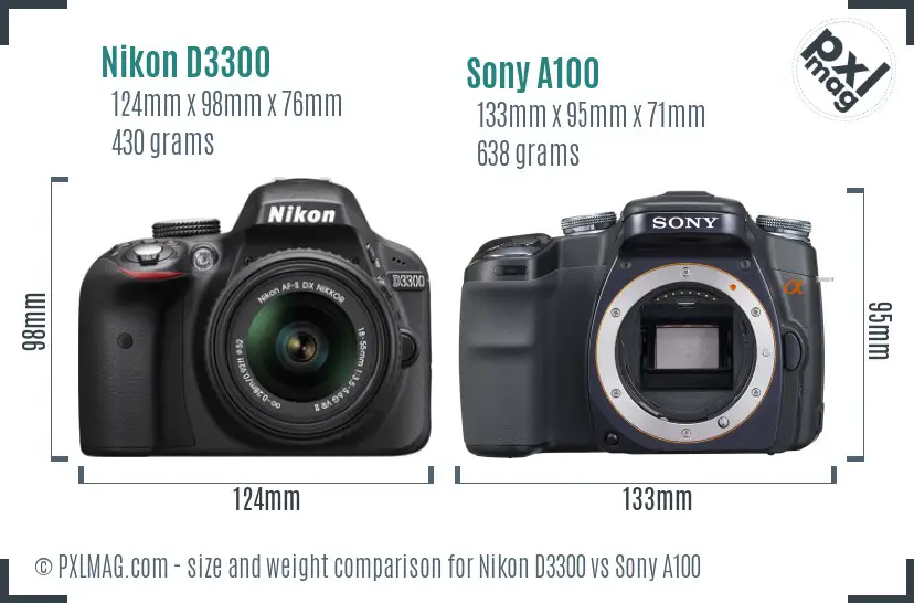 Nikon D3300 vs Sony A100 size comparison
