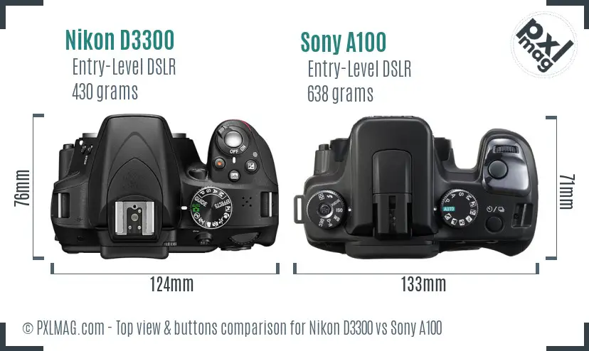 Nikon D3300 vs Sony A100 top view buttons comparison
