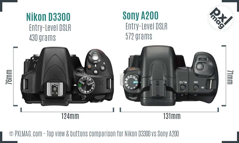 Nikon D3300 vs Sony A200 top view buttons comparison