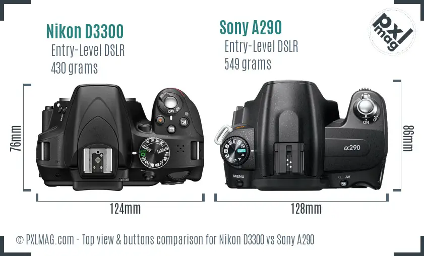 Nikon D3300 vs Sony A290 top view buttons comparison