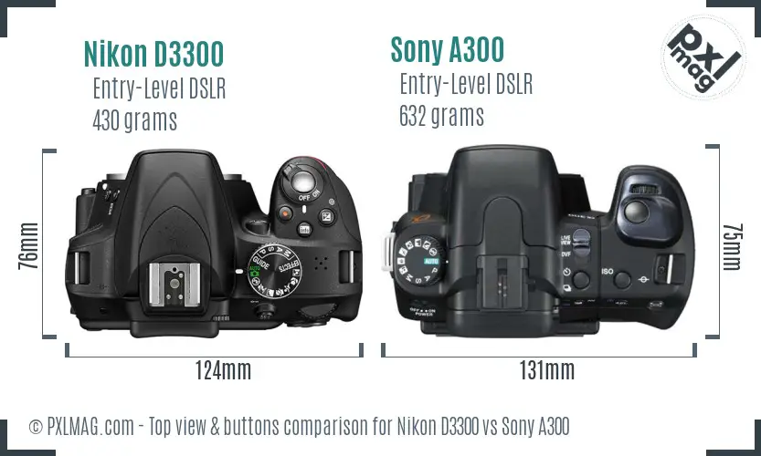 Nikon D3300 vs Sony A300 top view buttons comparison