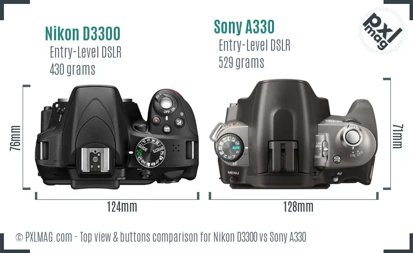 Nikon D3300 vs Sony A330 top view buttons comparison