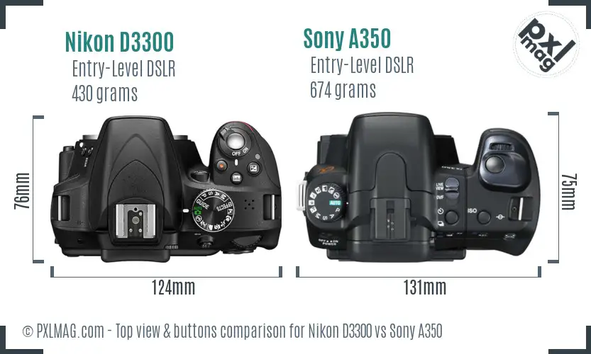 Nikon D3300 vs Sony A350 top view buttons comparison