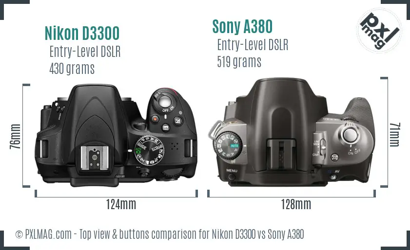 Nikon D3300 vs Sony A380 top view buttons comparison