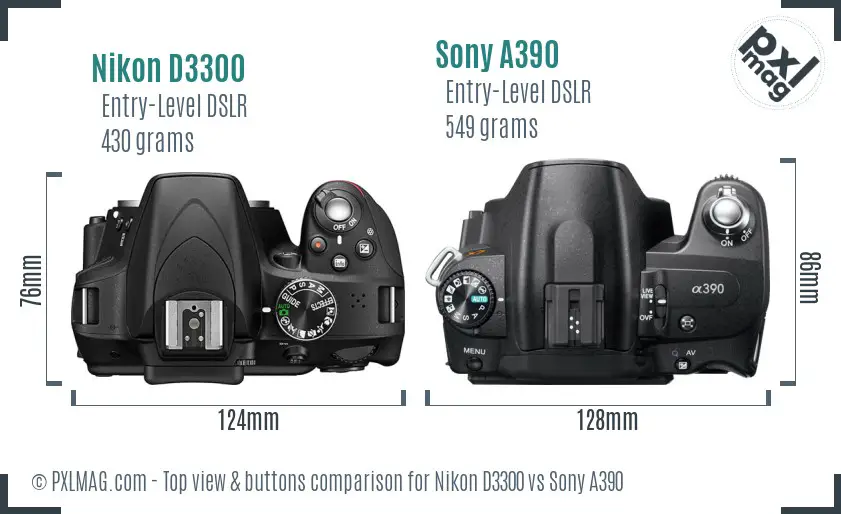 Nikon D3300 vs Sony A390 top view buttons comparison