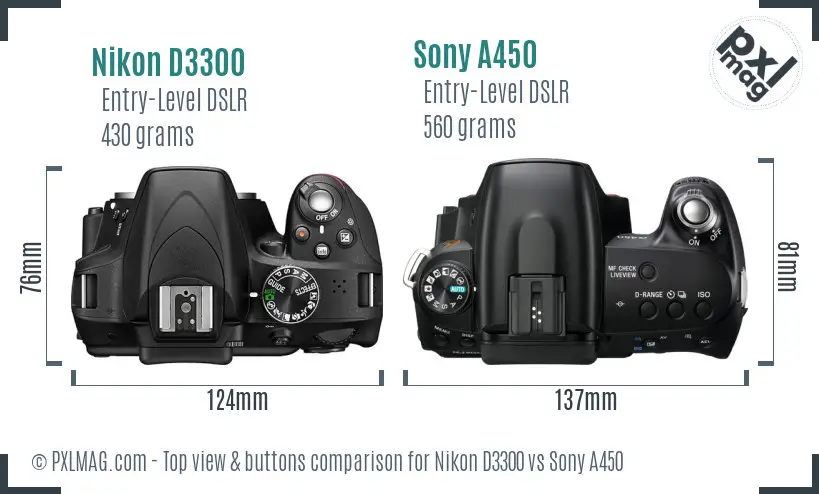 Nikon D3300 vs Sony A450 top view buttons comparison