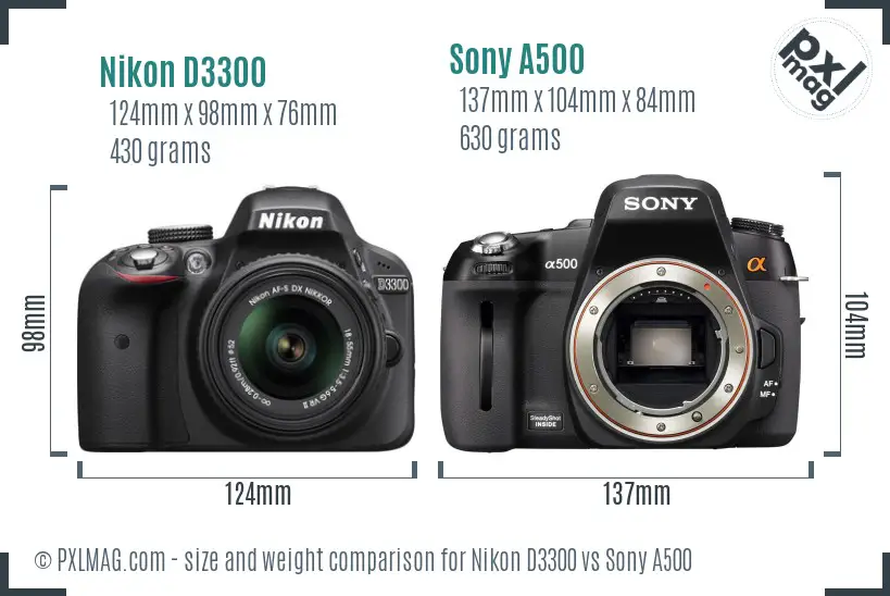 Nikon D3300 vs Sony A500 size comparison