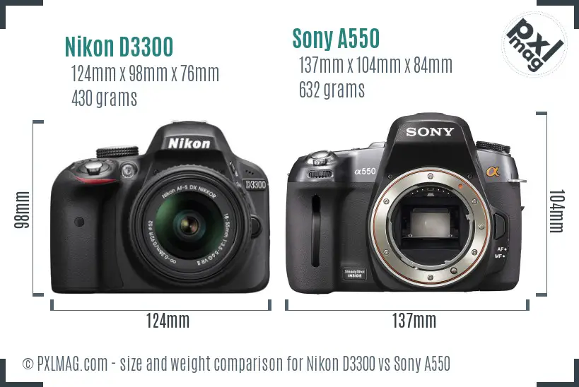 Nikon D3300 vs Sony A550 size comparison