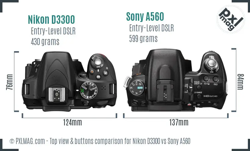 Nikon D3300 vs Sony A560 top view buttons comparison