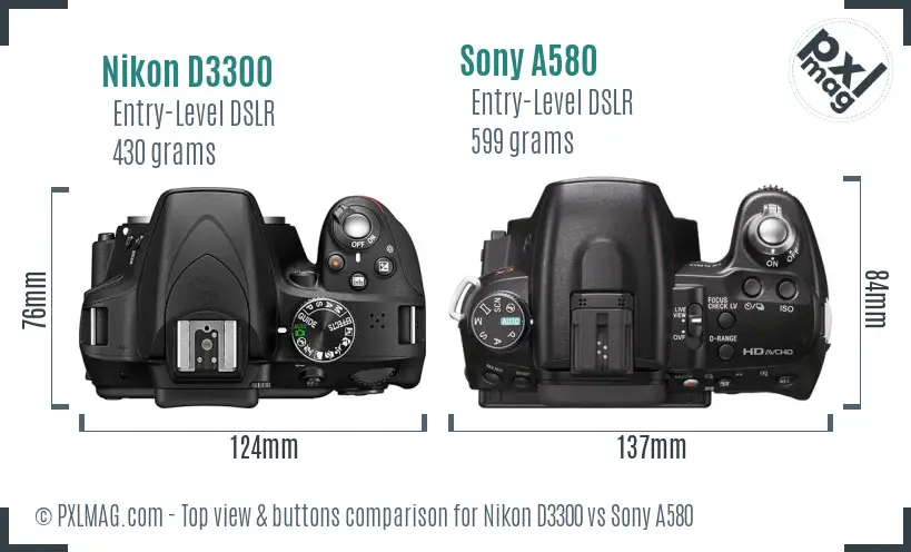 Nikon D3300 vs Sony A580 top view buttons comparison