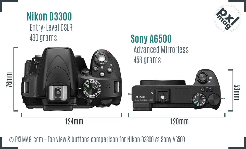 Nikon D3300 vs Sony A6500 top view buttons comparison