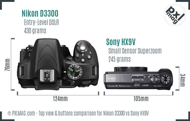 Nikon D3300 vs Sony HX9V top view buttons comparison
