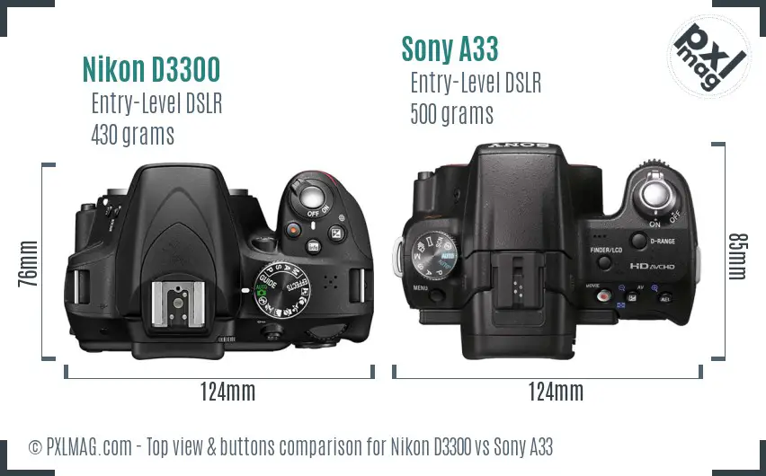 Nikon D3300 vs Sony A33 top view buttons comparison