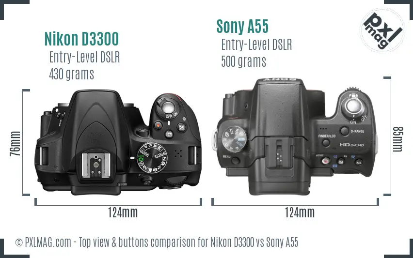 Nikon D3300 vs Sony A55 top view buttons comparison