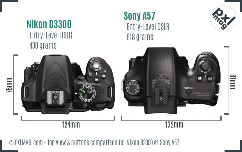Nikon D3300 vs Sony A57 top view buttons comparison