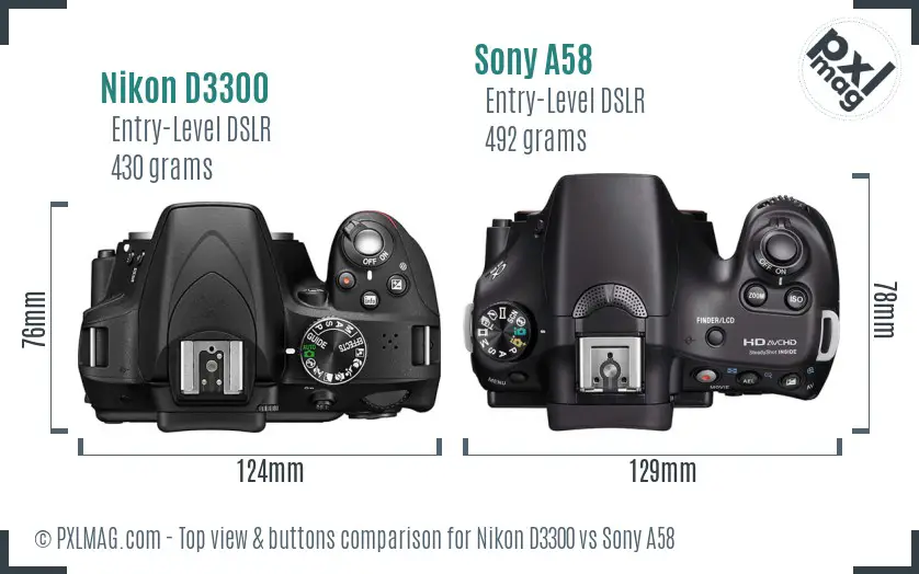 Nikon D3300 vs Sony A58 top view buttons comparison