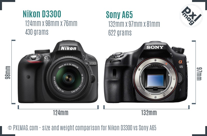 Nikon D3300 vs Sony A65 size comparison
