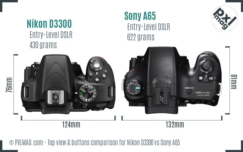 Nikon D3300 vs Sony A65 top view buttons comparison
