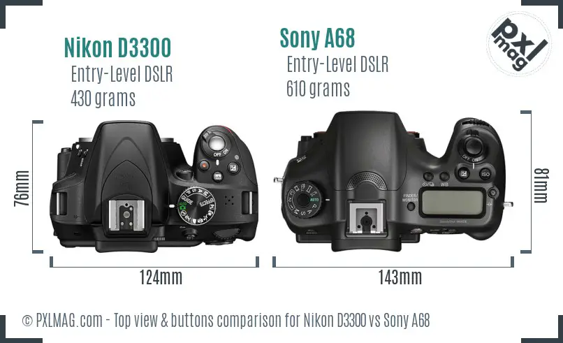 Nikon D3300 vs Sony A68 top view buttons comparison