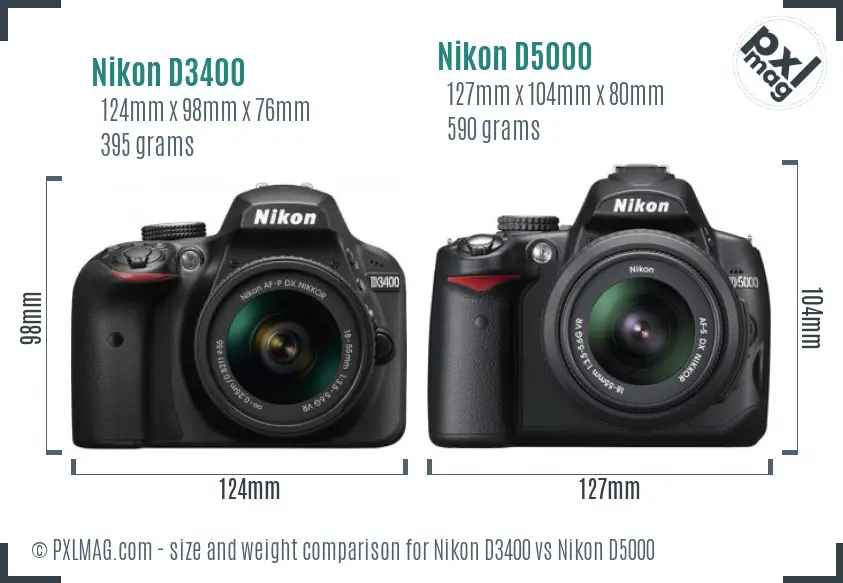 Nikon D3400 vs Nikon D5000 size comparison