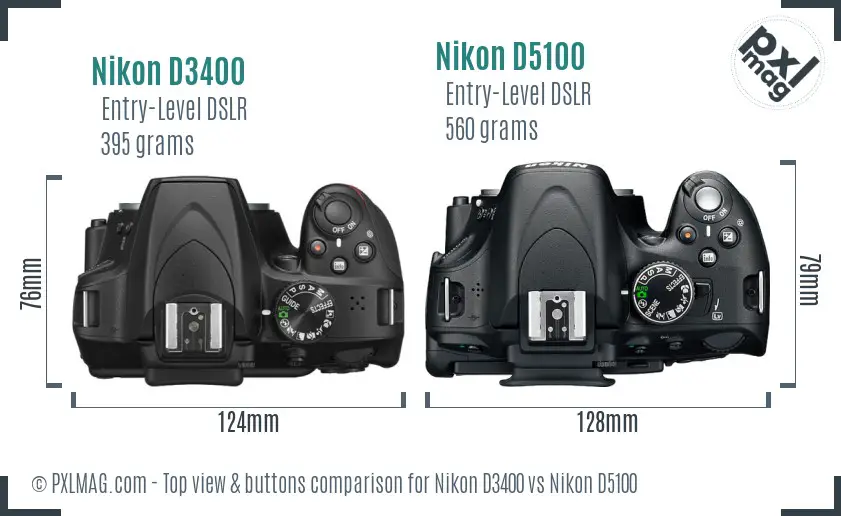 Nikon D3400 vs Nikon D5100 top view buttons comparison
