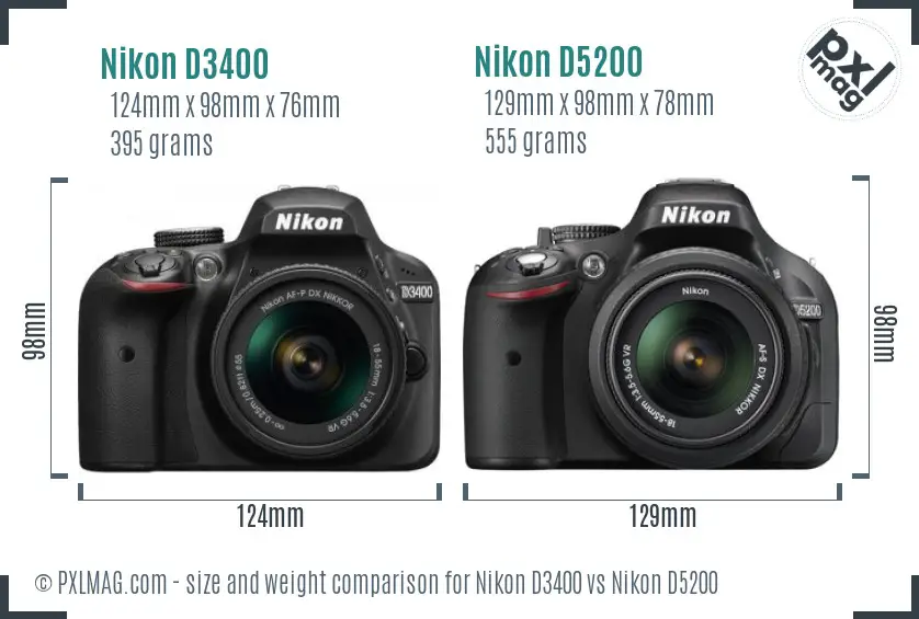 Nikon D3400 vs Nikon D5200 size comparison