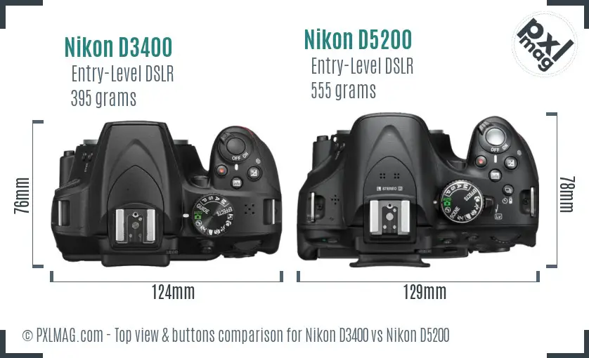 Nikon D3400 vs Nikon D5200 top view buttons comparison