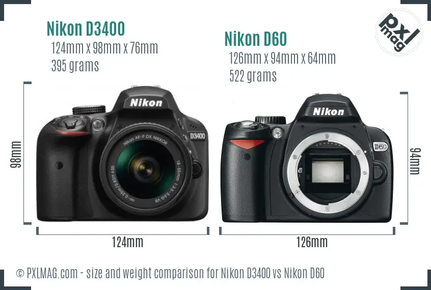 Nikon D3400 vs Nikon D60 size comparison
