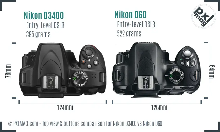 Nikon D3400 vs Nikon D60 top view buttons comparison