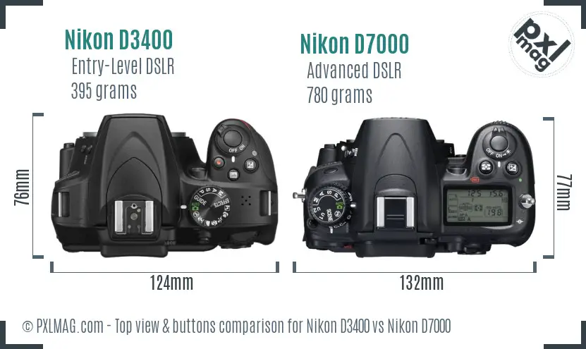 Nikon D3400 vs Nikon D7000 top view buttons comparison