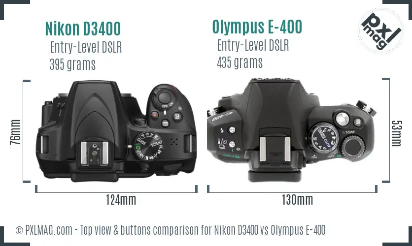 Nikon D3400 vs Olympus E-400 top view buttons comparison