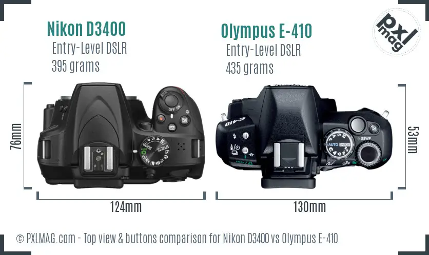 Nikon D3400 vs Olympus E-410 top view buttons comparison
