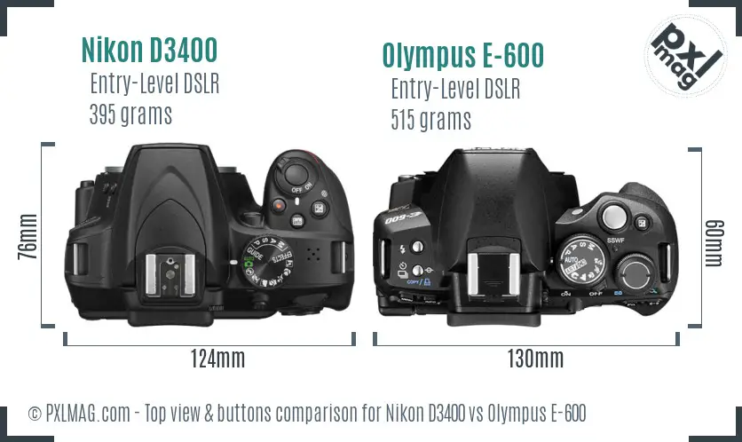 Nikon D3400 vs Olympus E-600 top view buttons comparison