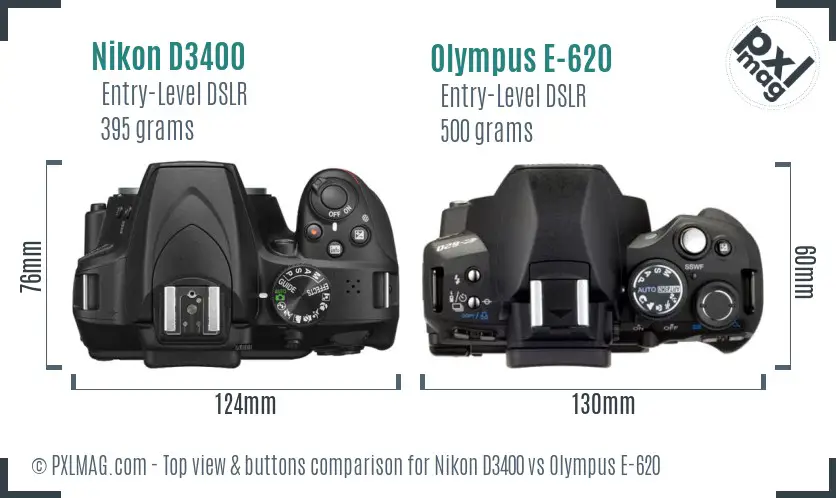 Nikon D3400 vs Olympus E-620 top view buttons comparison