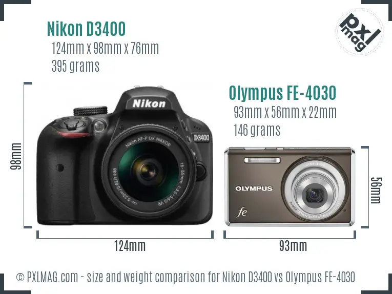 Nikon D3400 vs Olympus FE-4030 size comparison