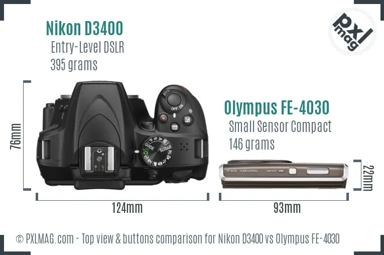 Nikon D3400 vs Olympus FE-4030 top view buttons comparison