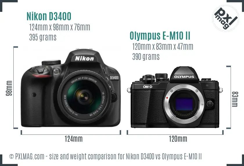 Nikon D3400 vs Olympus E-M10 II size comparison