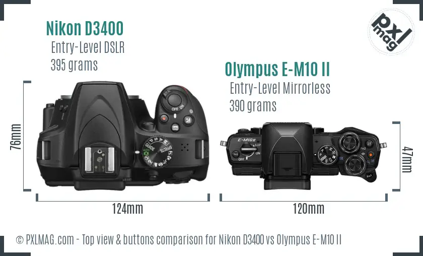 Nikon D3400 vs Olympus E-M10 II top view buttons comparison