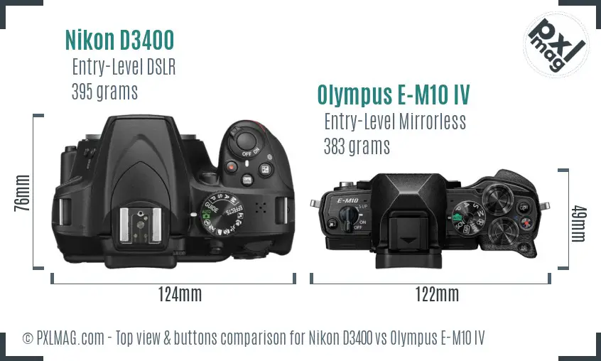 Nikon D3400 vs Olympus E-M10 IV top view buttons comparison