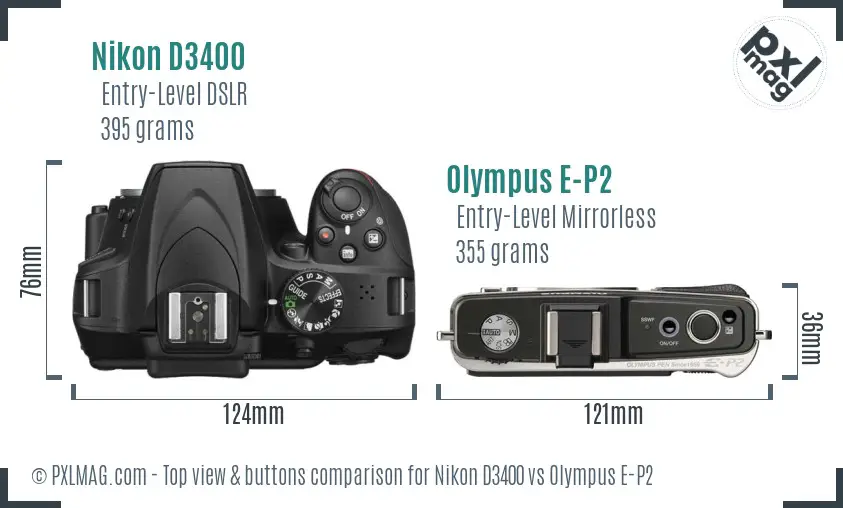 Nikon D3400 vs Olympus E-P2 top view buttons comparison