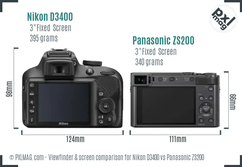 Nikon D3400 vs Panasonic ZS200 Screen and Viewfinder comparison